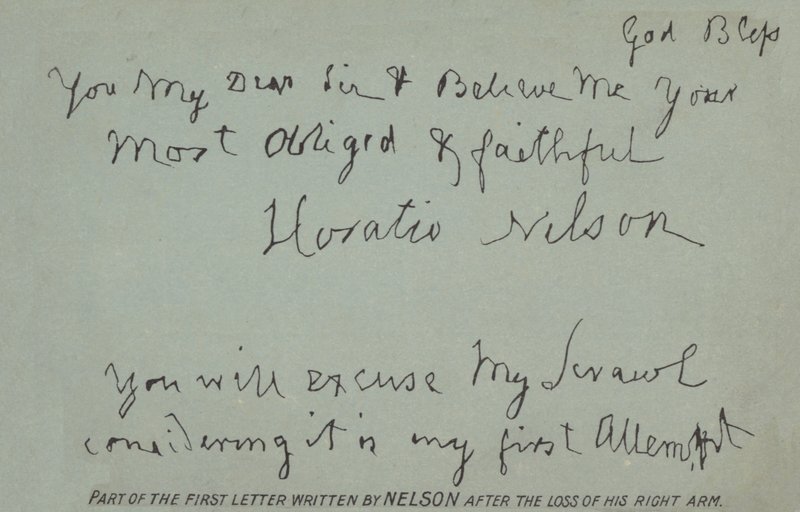 En del af det første brev skrevet af Nelson efter tabet af sin højre arm af Horatio Nelson