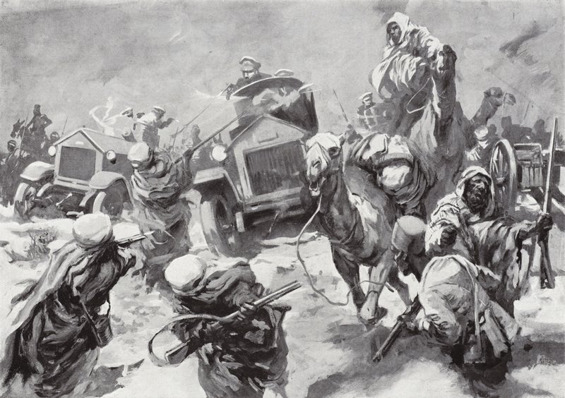 Hertugen af Westminster og hans panservogne skynder sig til undsætning af skibbrudne besætninger beslaglagt af Senussi, Cyrenaica, Nordafrika, 17. marts 1916 af Howard K. Elcock