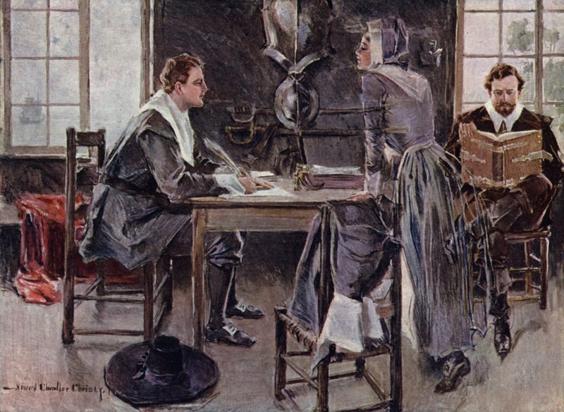 Illustration til The Courtship of Miles Standish af Henry Wadsworth Longfellow (farve litho) af Howard Chandler (after) Christy