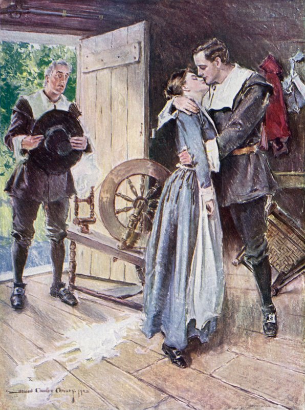 Illustration til The Courtship of Miles Standish af Henry Wadsworth Longfellow (farve litho) af Howard Chandler (after) Christy