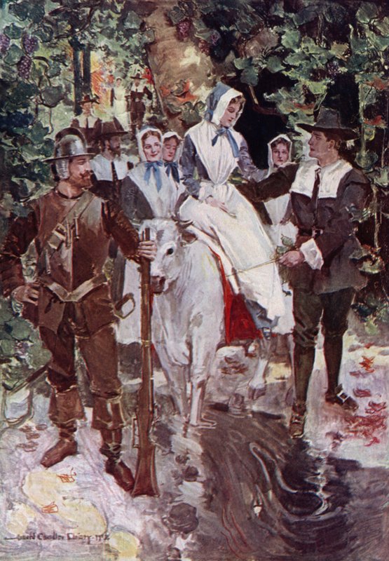 Illustration til The Courtship of Miles Standish af Henry Wadsworth Longfellow (farve litho) af Howard Chandler (after) Christy