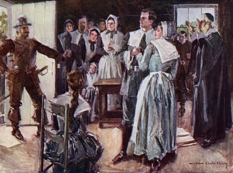 Illustration til The Courtship of Miles Standish af Henry Wadsworth Longfellow (farve litho) af Howard Chandler (after) Christy