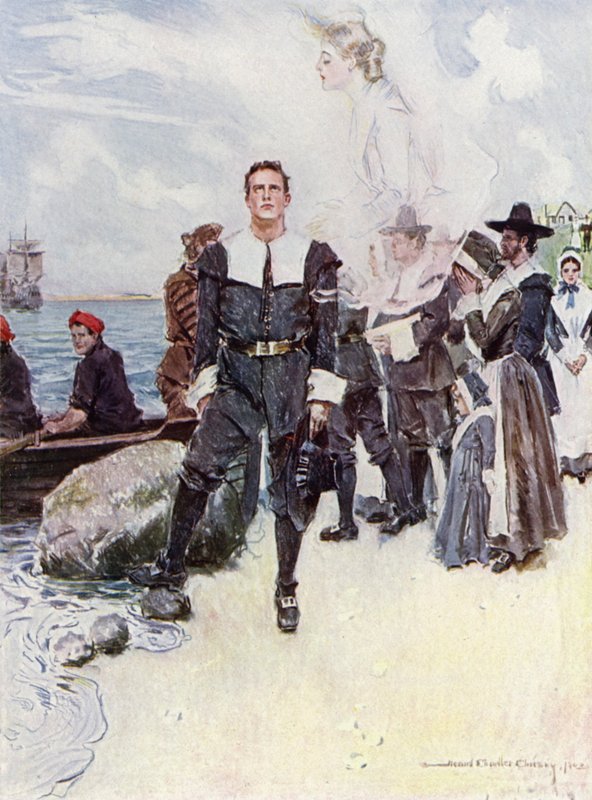 Illustration til The Courtship of Miles Standish af Henry Wadsworth Longfellow (farve litho) af Howard Chandler (after) Christy