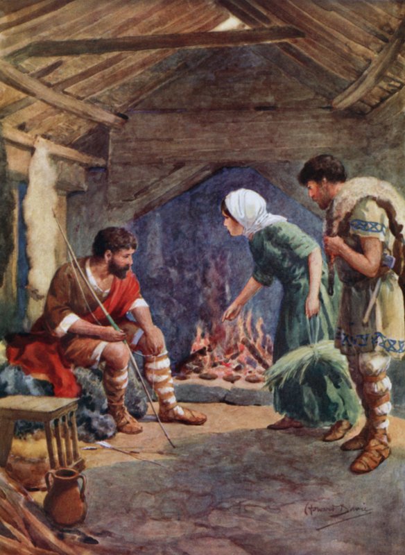 Alfred den Store i den pæne besætnings hytte (farve litho) af Howard Davie