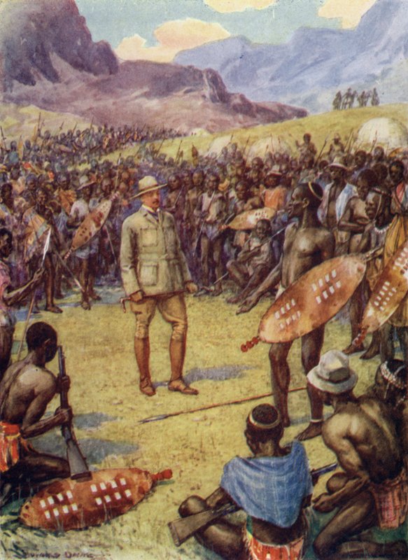 Cecil Rhodes, med Matabeles (farve litho) af Howard Davie