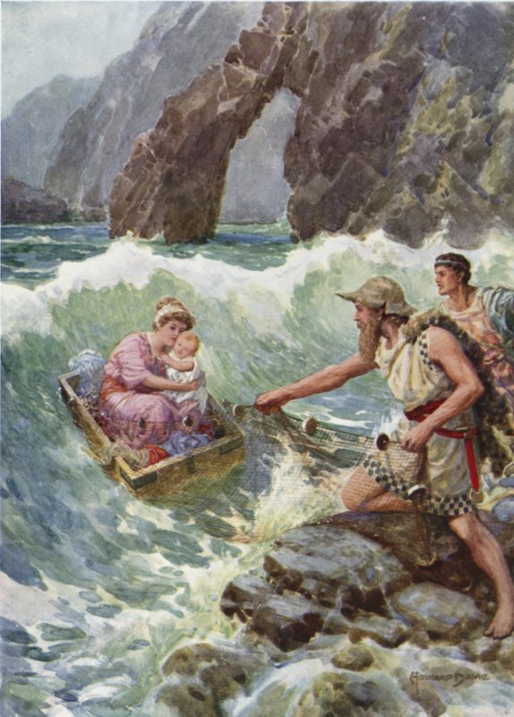 Han trak hende og babyen sikkert på en klippekant. Fra hvordan Perseus og hans mor kom til Seriphos (farve litho) af Howard Davie