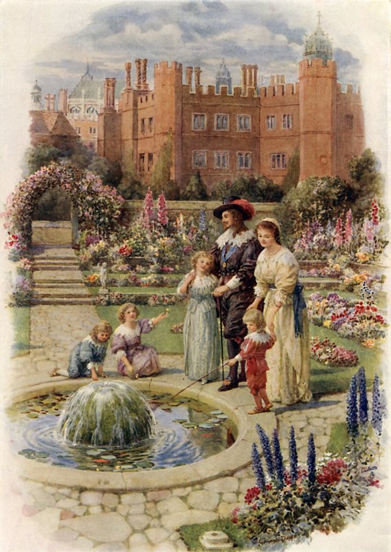 Kong Charles I og dronning Henrietta ved Hampton Court (farve litho) af Howard Davie