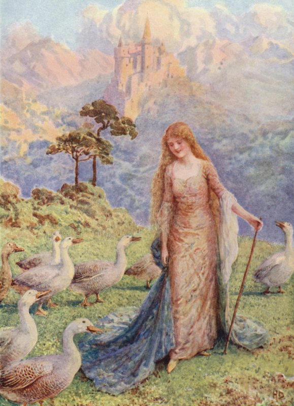 "Åh, hvor er vores elskerinde smuk" fra "Fuglens søgen med den gyldne hale" (farve litho) af Howard Davie