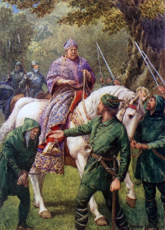 "Robin Hood møder biskoppen af Hereford" (farve litho) af Howard Davie