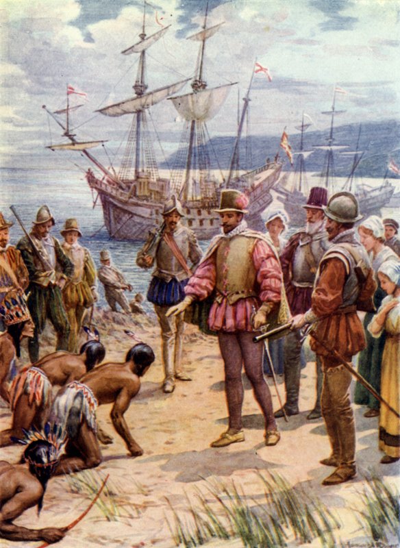 Sir Walter Raleigh, lander i Virginia (farve litho) af Howard Davie