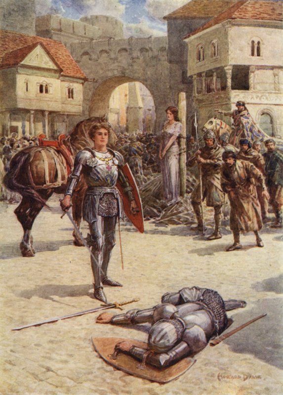 St George til redning, den stolte jarl af Coventry lå død (farve litho) af Howard Davie