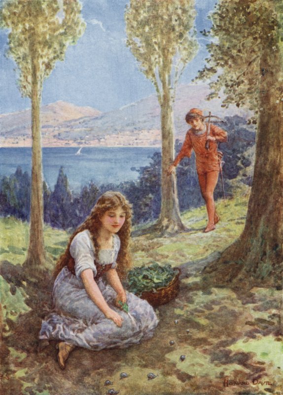 "Pludselig stoppede han og stirrede henrykt" fra "Filadoro" (farve litho) af Howard Davie