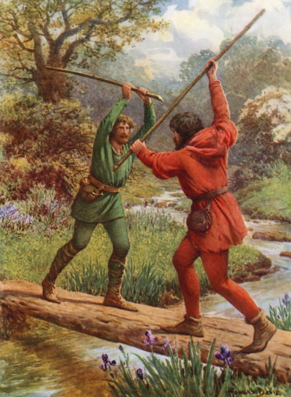 "Kampen mellem Robin Hood og Little John" (farve litho) af Howard Davie