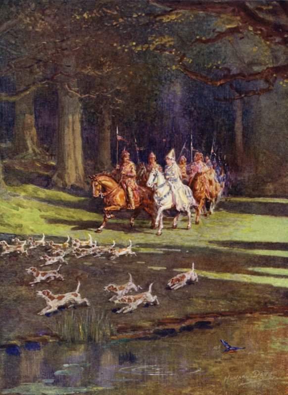 Hele selskabet drager ud i skoven (farve litho) af Howard Davie