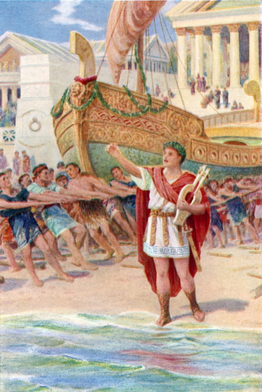 "Så tog Orpheus sin harpe og begyndte sin magiske sang" (farve litho) af Howard Davie