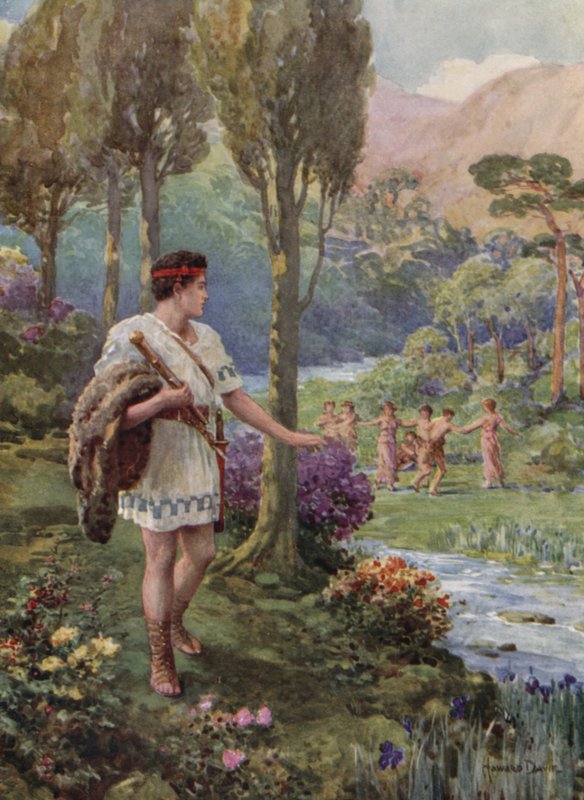 I skyggen af klipper og træer dansede nymfer og hyrder (farve litho) af Howard Davie
