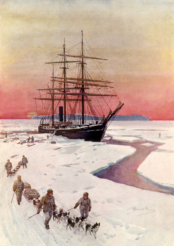 Aflæsning af "Terra Nova" i McMurdo Sound (farve litho) af Howard Davie