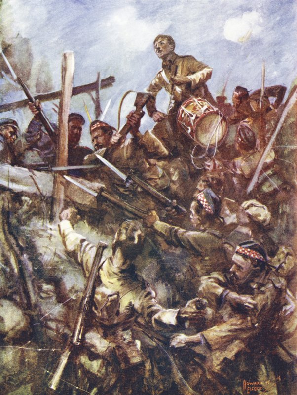 Trommeslager Walter Ritchie står på fjendens brystværn for at lyde angrebet under kraftig maskingeværild og bombeangreb, Beaumont Hamel, Frankrig, 1. juli 1916 af Howard K. Elcock
