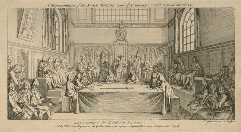 En repræsentation af overborgmesteren, rådmandsretten og det fælles råd af Hubert Francois Gravelot