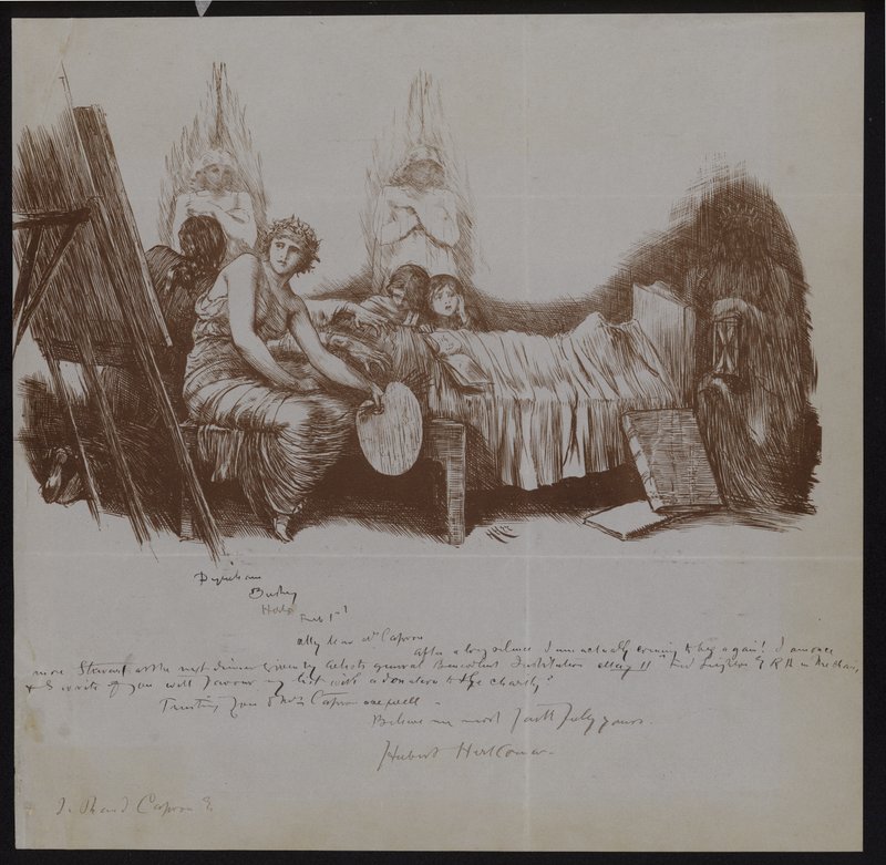Scene af en dødsleje med børn og allegorcielle figurer inklusive og kunstner med staffeli af Hubert von Herkomer