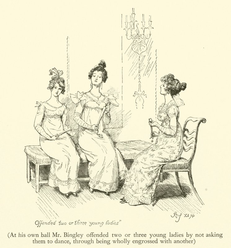 Ved sit eget bal fornærmede hr. Bingley to eller tre unge damer ved ikke at bede dem om at danse, ved at være helt opslugt af en anden (gravering) af Hugh Thomson