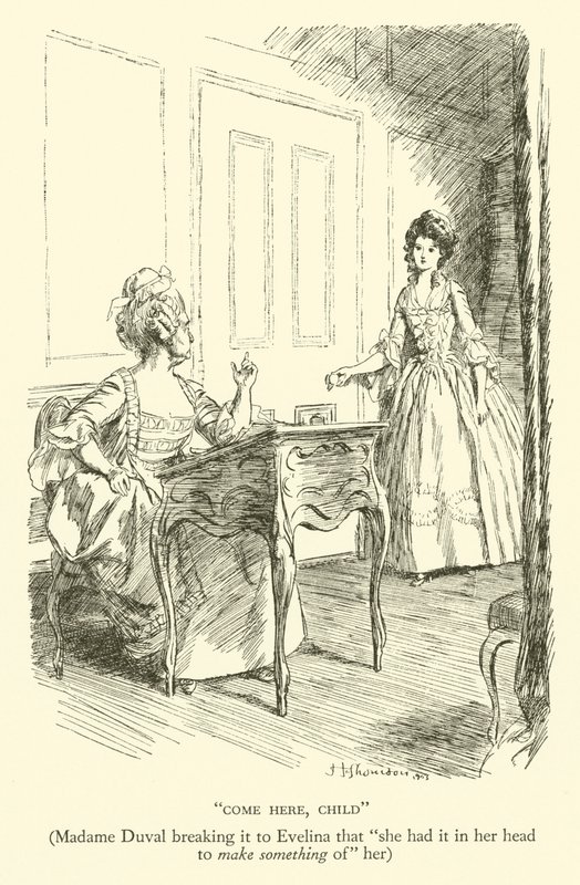Kom her, barn, Madame Duval fortæller Evelina, at "hun havde det i hovedet at gøre noget ud af" hende (gravering) af Hugh Thomson