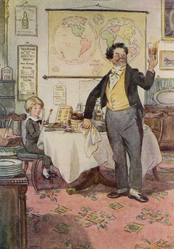 David Copperfield og tjeneren i Yarmouth (farve litho) af Hugh Thomson