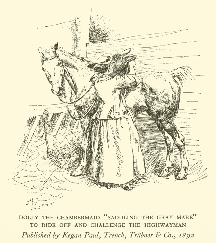 Dolly the Chambermaid "Saddling the Grey Mare", for at ride afsted og udfordre landevejsmanden (gravering) af Hugh Thomson