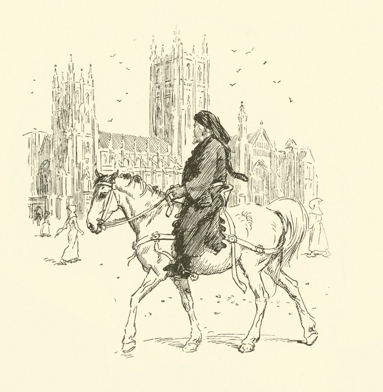 Geoffrey Chaucer til hest (litho) af Hugh Thomson