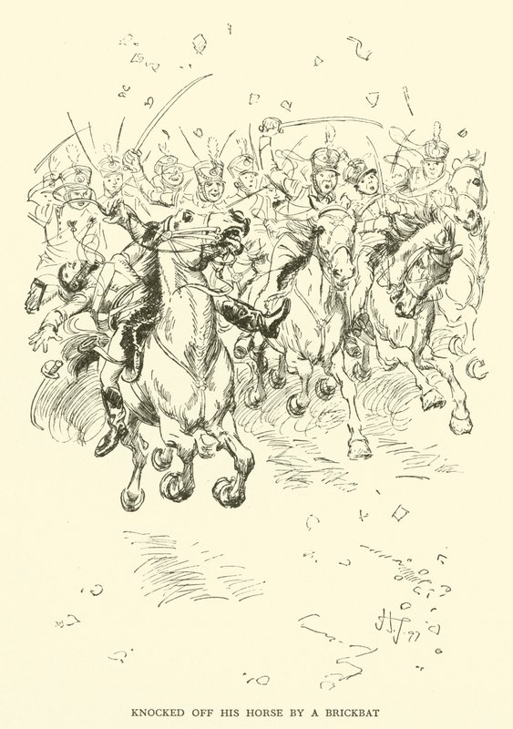 Slået af sin hest af en Brickbat (gravering) af Hugh Thomson