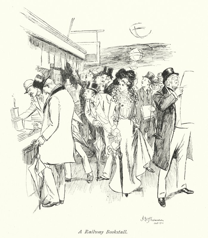London: A Railway Bookstall (farvelitografi) af Hugh Thomson