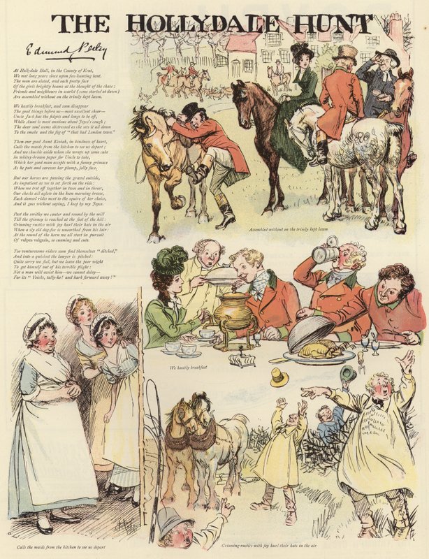 Serie af illustrationer, der viser Hollydale-jagten af Hugh Thomson