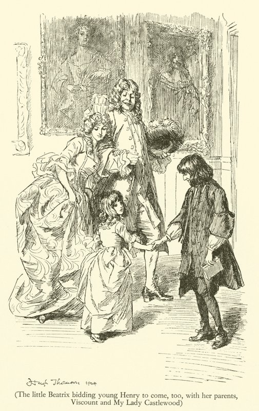 Den lille Beatrix beder unge Henry om også at komme med sine forældre, Viscount og My Lady Castlewood (gravering) af Hugh Thomson