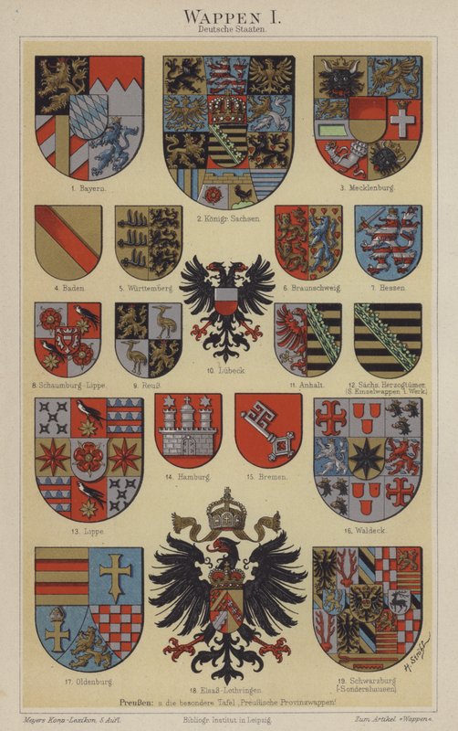 Tyske staters våbenskjolde (farve litho) af Hugo Gerard (after) Strohl