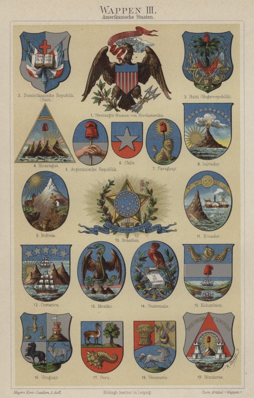 Våbenskjolde fra lande i Amerika (farve litho) af Hugo Gerard (after) Strohl