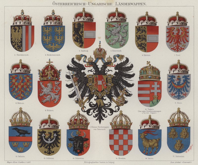 Det østrig-ungarske imperiums våbenskjold (farve litho) af Hugo Gerard (after) Strohl