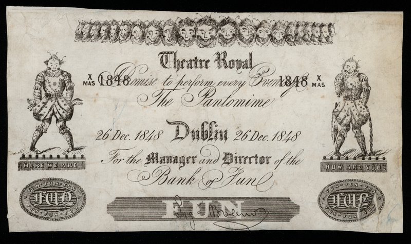 Annonce for en pantomime i Theatre Royal, Dublin, baseret på en Bank of Ireland-seddel af Irish School