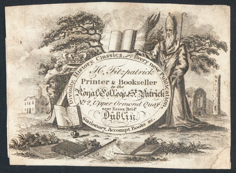 H Fitzpatrick, printer og boghandler til Royal College of Saint Patrick, handelskort (gravering) af Irish School