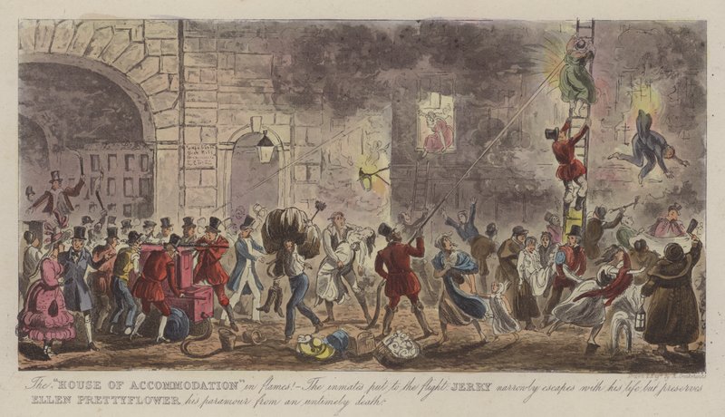 "House of Accommodation" i Flames! (farvet gravering) af Isaac Robert (after) Cruikshank
