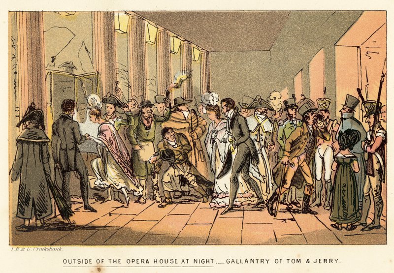 Uden for operahuset om natten af Isaac, Robert and George Cruikshank