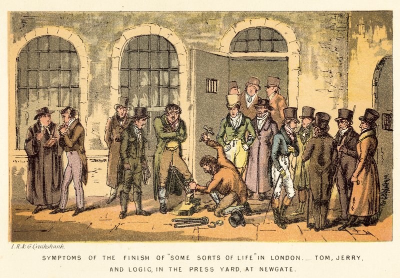 Symptomer på afslutningen af en slags liv i London, Tom, Jerry og Logic, i Press Yard, ved Newgate af Isaac, Robert and George Cruikshank