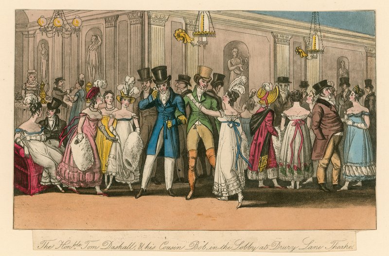 Den ærede Tom Dashall og hans fætter Bob i lobbyen på Drury Lane Theatre, London af Isaac, Robert and George Cruikshank
