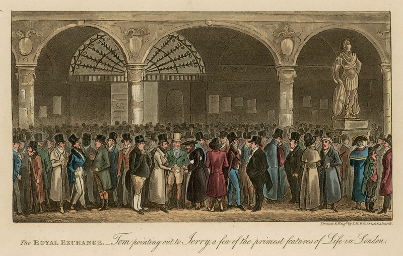 The Royal Exchange: Tom påpeger over for Jerry nogle af de vigtigste træk ved livet i London af Isaac, Robert and George Cruikshank