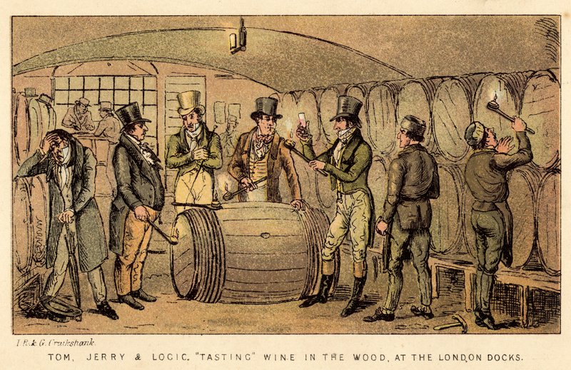 Tom, Jerry og Logic smager vin i skoven ved London Docks af Isaac, Robert and George Cruikshank