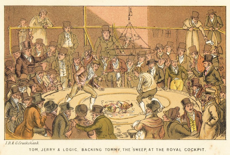 Tom, Jerry og Logic, der bakker op om Tommy, the Sweep, i Royal Cockpit af Isaac, Robert and George Cruikshank