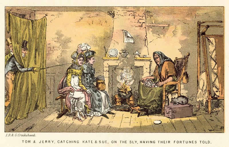 Tom og Jerry fanger Kate og Sue på snigende vis og får deres formuer fortalt af Isaac, Robert and George Cruikshank
