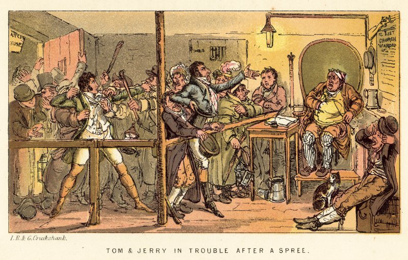 Tom og Jerry i problemer efter en amok af Isaac, Robert and George Cruikshank