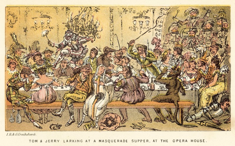 Tom og Jerry leger til en maskeradefest i operahuset af Isaac, Robert and George Cruikshank