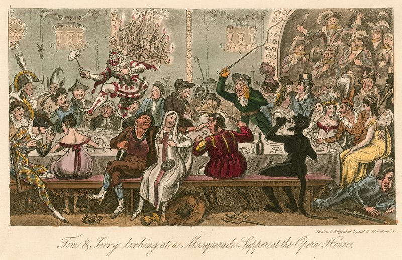 Tom og Jerry larmer ved en maskeradeaften i Operahuset i London af Isaac, Robert and George Cruikshank