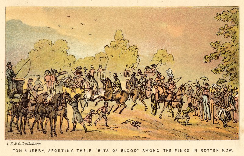 Tom og Jerry, der bærer deres Bits of Blood blandt de lyserøde i Rotten Row af Isaac, Robert and George Cruikshank